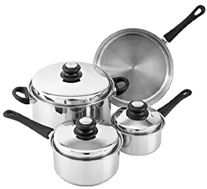 Tuxton Home Reno 7 Piece Cookware Set; Stainless Steel, PFTE & PFOA Free, Freezer to Oven Safe, Induction Compatible; 1QT & 2QT Saucepans, 5QT Dutch Oven, 10" Open Frypan