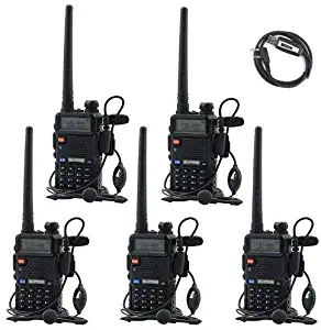 BaoFeng UV-5R UHF VHF Dual Band Two Way Radio Walkie Talkie with 5 Earpieces + 1 Programming Cable, 5 Pack