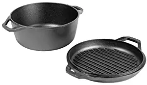 Lodge Chef Collection 6 Quart Cast Iron Double Dutch Oven. Seasoned and Ready for the Kitchen or Campfire. Cover Converts to a Grill Pan for Searing. Made from Quality Materials to Last a Lifetime