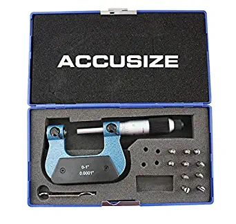 Accusize Industrial Tools 0-1'' by 0.001'' Screw Thread Micrometer with 5 Anvil in Fitted Box, S916-C750