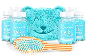 Sugar Bear Hair Vitamins Gift Set! Included: Natural Wood Hair Brush, Luxury Cosmetic Bag & 6 Bottles Sugar Bear Hair Vitamins! Gummy Hair Vitamins For Thicker And Longer Healthy Hair!