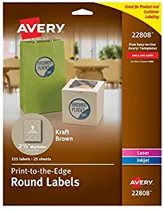 Avery Round Labels for Laser & Inkjet Printers, 2.5", 5 Packs, 1,125 Labels Total, Kraft Brown Labels (22808)