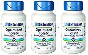 Life Extension Optimized Folate (L-Methylfolate), 1000 mcg 100 vegetarian Tablets (3 Pack) by Life Extension