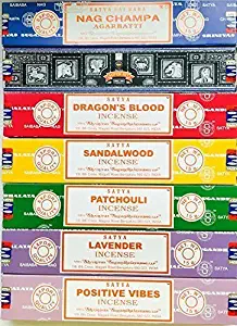 Satya Incense Gift Set Nag Champa, Super hit, Dragon's Blood, Sandalwood, Patchouli, Lavender, Positive Vibes, 15 g