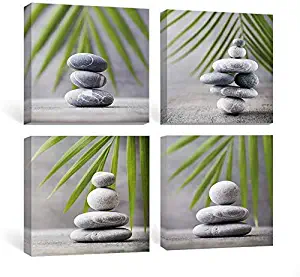 SUMGAR Bathroom Wall Art Zen Canvas Paintings Nature Green Leaf Pictures Gray Prints Grey Stone Artwork 4 Piece,12x12 in
