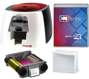 Badgy100 Color Plastic ID Card Printer with Complete Supplies Package with Bodno ID Software