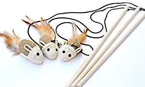 Earthtone Solutions Cat Kitten Teaser Wand Toys, Natural Sisal with Mouse, Bell, Feather, Elastic String, and Sturdy Wood Rod, Interactive Fun, Cat Catcher Mice for Pets, Set of 3