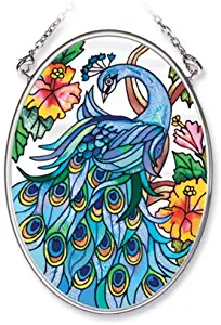 Amia Hand Painted Glass Suncatcher with Peacock Design, 3-1/4-Inch by 4-1/4-Inch Oval