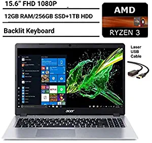 2020 Newest Acer Aspire 5 15.6" FHD 1080P Laptop Computer| AMD Ryzen 3 3200U up to 3.5 GHz(Beat i5-7200u)| 12GB RAM| 256GB SSD+1TB HDD| Backlit KB| WiFi| Bluetooth| HDMI| Windows 10| Laser USB Cable