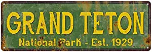 Grand Teton National Park Sign Décor Rustic Signs Cabin Decorations Outdoors Adventure Plaque Nature Tin Wall Art Home Gift 6 x 18 High Gloss Metal 206180057027