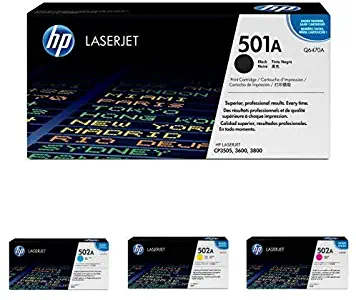 HP 501A Black and 502A Cyan, Magenta, Yellow Toner Cartridges (Q6470A, Q6471A, Q6472A, Q6473A) for HP Color LaserJet 3600 3800 CP3505, 4 Cartridge Bundle