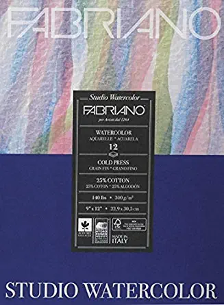 Fabriano 91230020 Tape Binding Acid-Free Cold Press Studio Watercolor Pad, 12 Sheets, 140 Pound, 8"x10"