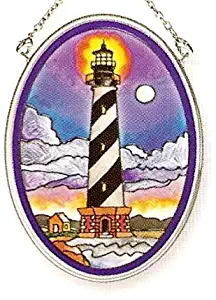 Amia Hand Painted Glass Suncatcher with Cape Hatteras Lighthouse Design, 3-1/4-Inch by 4-1/4-Inch Oval