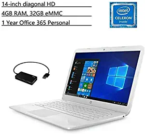 HP Stream 14-inch Laptop, Intel Celeron N4000, 4GB RAM, 32GB eMMC, Windows 10 Home in S Mode with Office 365 Personal for 1 Year, Diamond White, Bundled with TSBEAU 4 Port USB 2.0 Hub