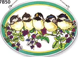 Amia Hand Painted Glass Suncatcher with Blackberry Chick Design, 5-1/4-Inch by 7-Inch Oval