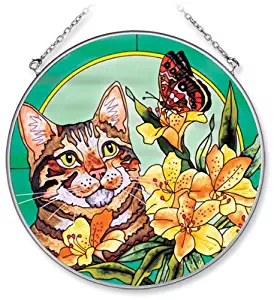 Amia Handpainted Glass Cat and Butterfly Suncatcher, 6-1/2-Inch