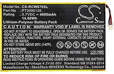 Cameron Sino 4000mAh Li-Polymer High-Capacity Replacement Batteries for RCA Galileo Pro 11.5" RCT6513W87 Viking Pro 10 RCT6303W87 RCT6303W87DK, fits RCA PT3090135