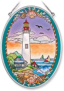 Amia Hand Painted Glass Suncatcher with Cape May Lighthouse Design, 5-1/4-Inch by 7-Inch Oval