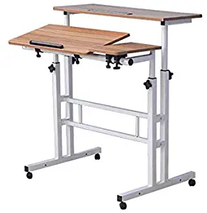 Mobile Standing Desk Height Adjustable Computer Desk Rolling Laptop Cart On Wheels Home Office Desk Laptop Writing Table Beige