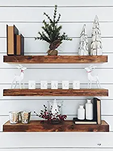 New England Wood Crafters Wooden Floating Shelves - Wall Decor for Home Kitchen, Bathroom, Bedroom - Rustic Pine Custom Office Organizer with Mounting Brackets - Set of 3 (7.5x1.5)(Special Walnut, 36)