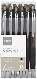 Office Depot Soft-Grip Retractable Ballpoint Pens, Medium Point, 1.0 mm, Black Barrel, Black Ink, Pack Of 12