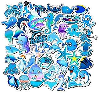 Vinyl Marine Animals Stickers Pack 49 Pcs Blue Marine Animals Decals for Laptop Ipad Car Luggage Water Bottle Helmet Truck Boys