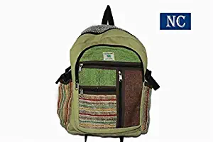 Multi Pocket Hemp and Denim Canvas Backpack - 100% Pure Hemp (THC FREE) Backpack Handmade Nepal with Laptop Sleeve - Fashion Cute Travel School College Shoulder Bag / Bookbags / Daypack