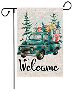 Welcome Winter Double-Sided Burlap Blue Car Christmas Tree Watercolor Painting Garden Flag Seasonal Yard Outdoor Terrace Decoration 12x18 Inches