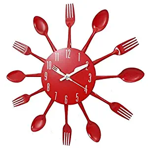 Hua Express Kitchen Wall Clock 3D Modern Creative Kitchen Cutlery Spoon Fork Timelike Wall Clock Wall Sticker Room Home Decoration (red)