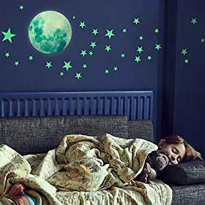 HORIECHALY Glow in The Dark Stars Wall Stickers, 221 Adhesive Bright and Realistic Stars and Full Moon for Starry Sky, Shining Decoration for Girls and Boys, Beautiful Wall Decals (1 Set)