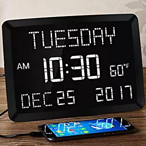 11.5” Large Alarm Clock for Bedroom, Calendar Day Clock, Digital LED Impaired Vision Desk Wall Kitchen Clock with Temperature, 5 Dimmer, 3 Alarms, 2 USB Chargers, DST, 12/24 H for Elderly, Memory Loss